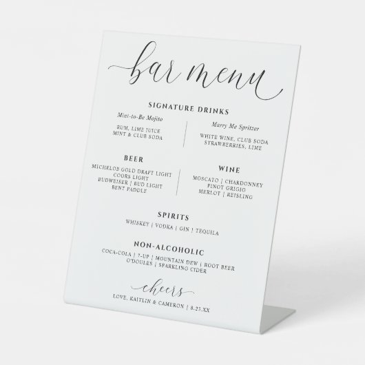 Bruiloft Bar Drinken Menu Elegante Signature Drink Reclamebord Met Voetstuk (Voorkant)