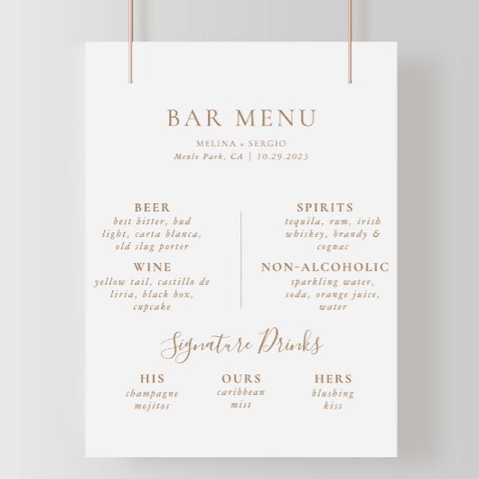 Bruiloft Bar Menu in bruine minimalistische kallig Poster