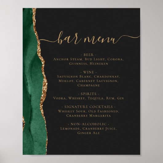 Bruiloft Bar Menu Smaragd Groene Gouden Agaat Donk Poster (Voorkant)