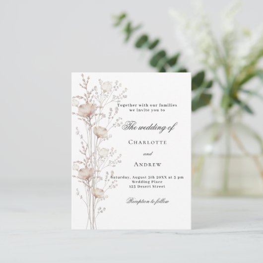 Bruiloft beige witte wilde bloem uitnodiging briefkaart (Staand voorkant)