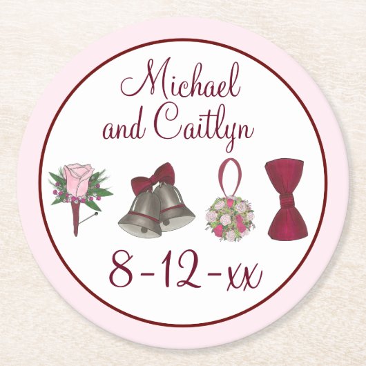 Bruiloft Bells Bloemen Bow Stropdas Bruids Rose Bo Ronde Kartonnen Onderzetter (Voorkant)