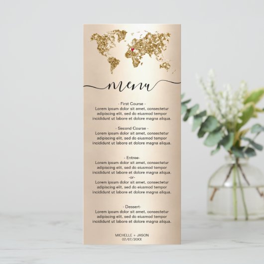 Bruiloft Bestemming Goud Glitter Wereldkaart Hart Menu (Staand voorkant)