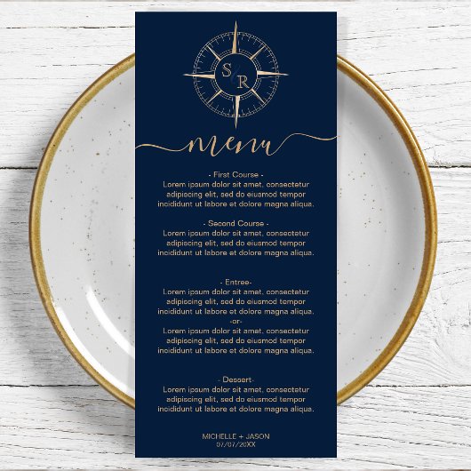 Bruiloft Bestemming Goud Kompas Monogram Menu