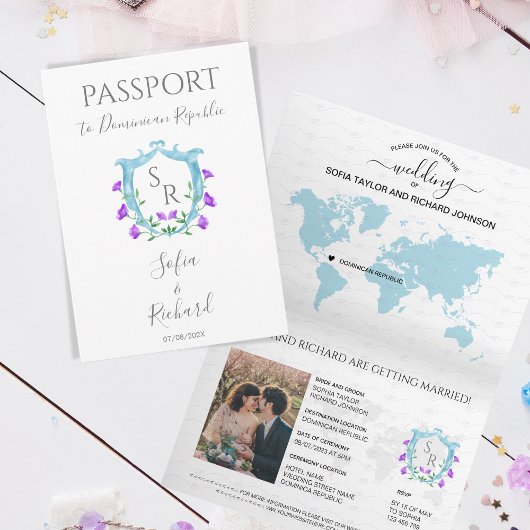 Bruiloft Bestemming Paspoort Blue Crest Monogram