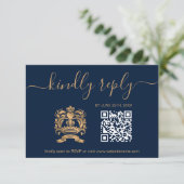Bruiloft Bestemming Paspoort Gouden Marine QR Code RSVP Kaartje (Staand voorkant)