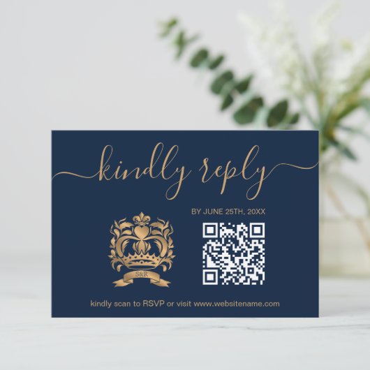 Bruiloft Bestemming Paspoort Gouden Marine QR Code RSVP Kaartje (Staand voorkant)