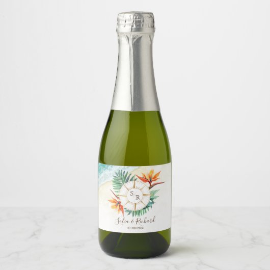 Bruiloft Bestemming Paspoort Kompas Dank u Sparkling Wijnetiket (Voorkant)