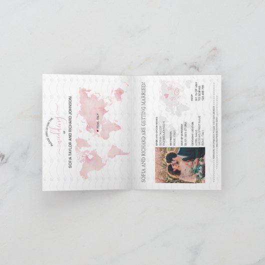 Bruiloft Bestemming Paspoort Roze Wereldkaart Marm (Binnen)