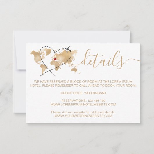 Bruiloft Bestemming Paspoort Wereldkaart Details RSVP Kaartje (Voorkant)