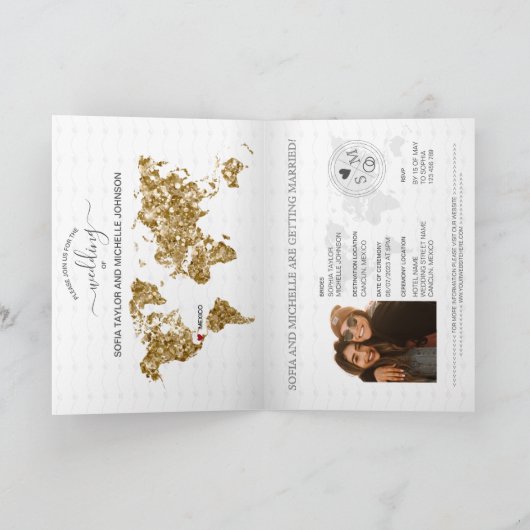 Bruiloft Bestemming Paspoort Wereldkaart Twee Brui (Binnen)