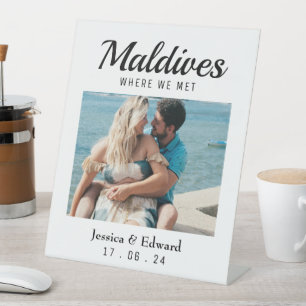 Bruiloft Bestemming Tafel Naam Koppel Reizen Foto Reclamebord Met Voetstuk