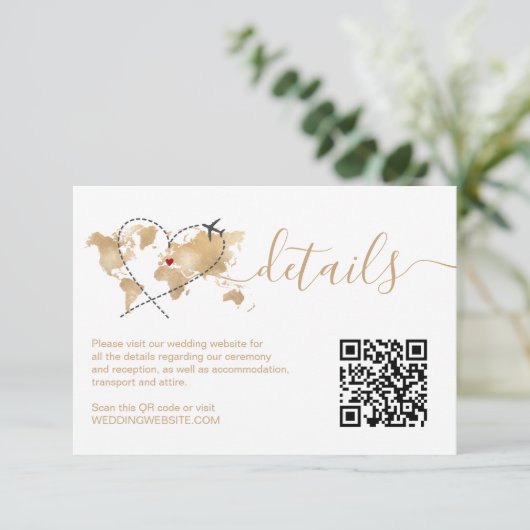 Bruiloft Bestemming Wereldkaart Details QR-code RSVP Kaartje (Staand voorkant)