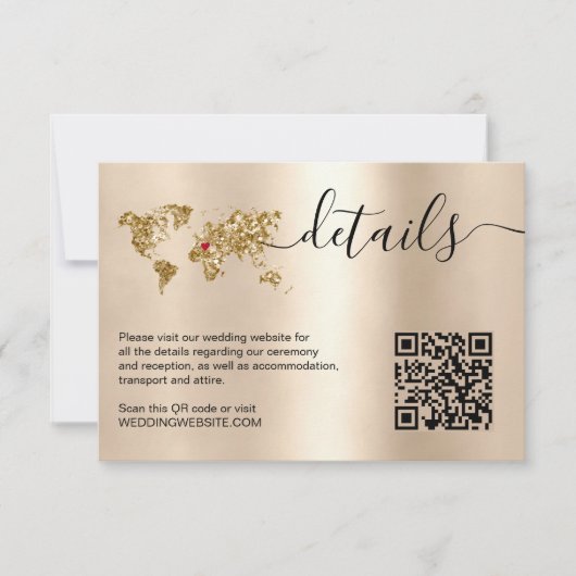 Bruiloft Bestemming Wereldkaart Details QR-code RSVP Kaartje (Voorkant)