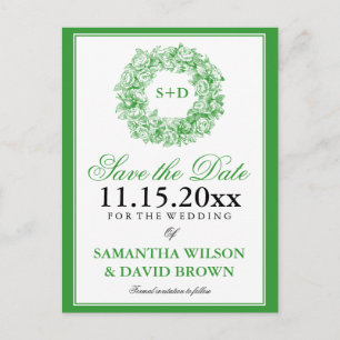 Bruiloft Bewaar de datum  Bloemen Monogram Groen Aankondigingskaart