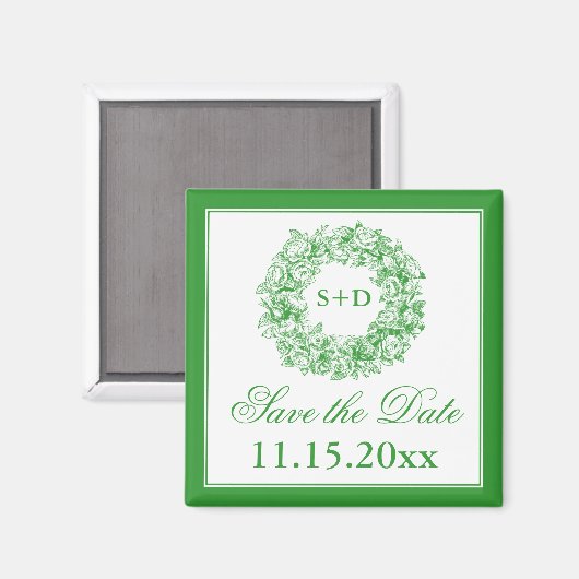 Bruiloft Bewaar de datum  Bloemen Monogram Groen Magneet (Voorkant / Achterkant)