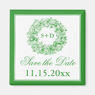 Bruiloft Bewaar de datum  Bloemen Monogram Groen Magneet