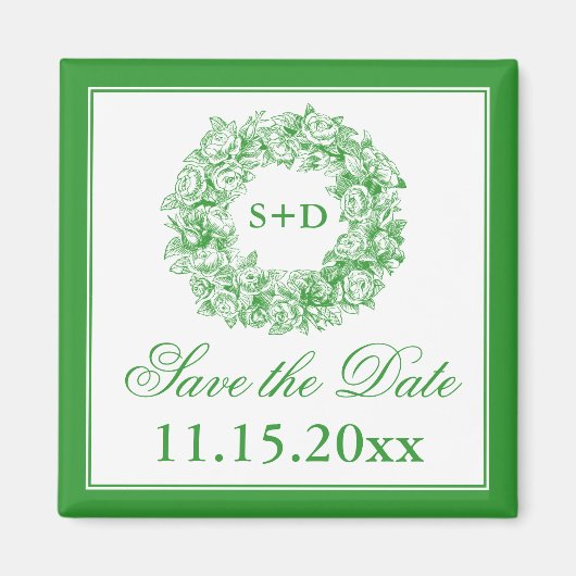 Bruiloft Bewaar de datum  Bloemen Monogram Groen Magneet (Voorkant)