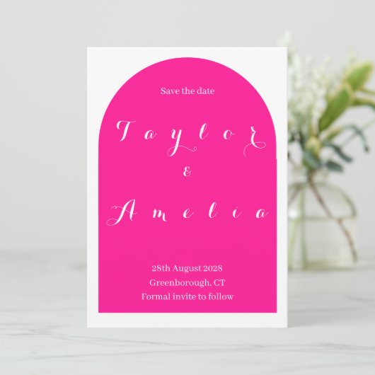 Bruiloft Bewaar de datum Boho Arch Hot Pink Save The Date (Staand voorkant)