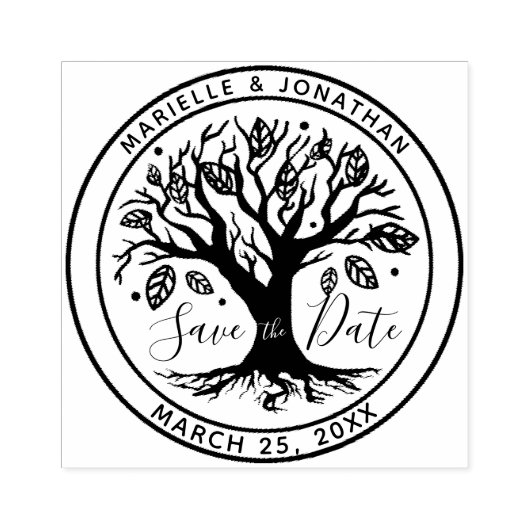 Bruiloft Bewaar de datum Boho Tree Monogram Namen Rubberstempel (Afrduk)