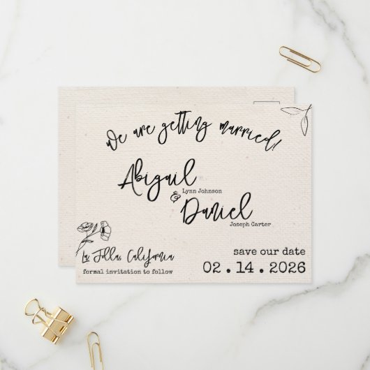 Bruiloft Bewaar de datum Briefkaart  Minimalist (Voorkant / Achterkant in situ)