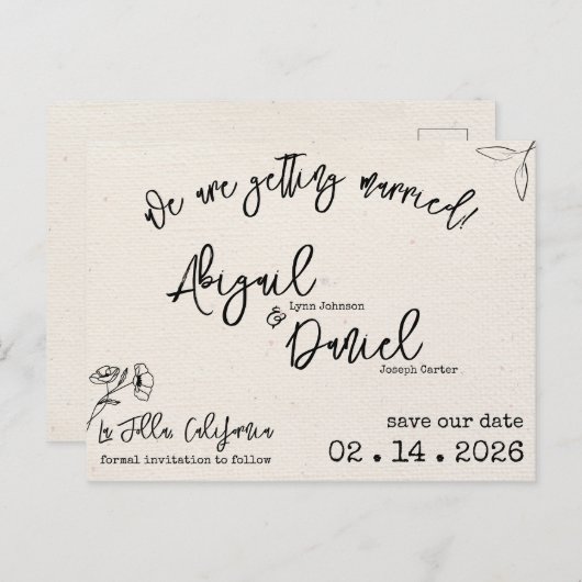 Bruiloft Bewaar de datum Briefkaart  Minimalist (Voorkant / Achterkant)