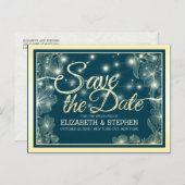 Bruiloft Bewaar de datum Chique Blauw Goud Bloemen Aankondigingskaart (Voorkant / Achterkant)