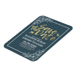 Bruiloft Bewaar de datum Chique Blauw Goud Script  Magneet