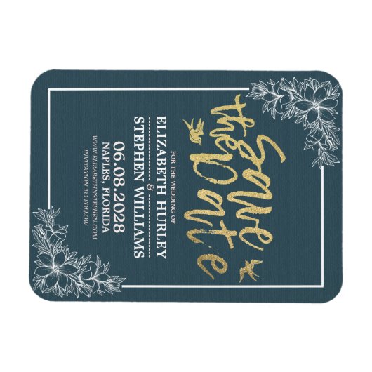 Bruiloft Bewaar de datum Chique Blauw Goud Script  Magneet (Horizontaal)