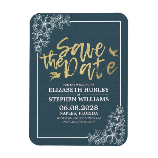 Bruiloft Bewaar de datum Chique Blauw Goud Script  Magneet (Verticaal)