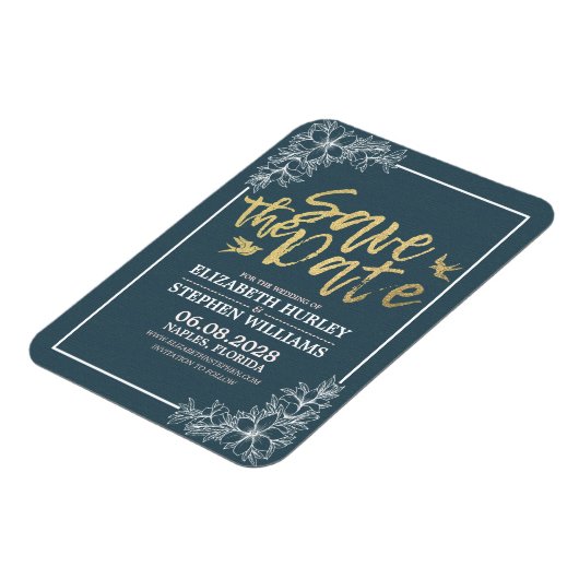 Bruiloft Bewaar de datum Chique Blauw Goud Script Magneet (Linkerzijde)