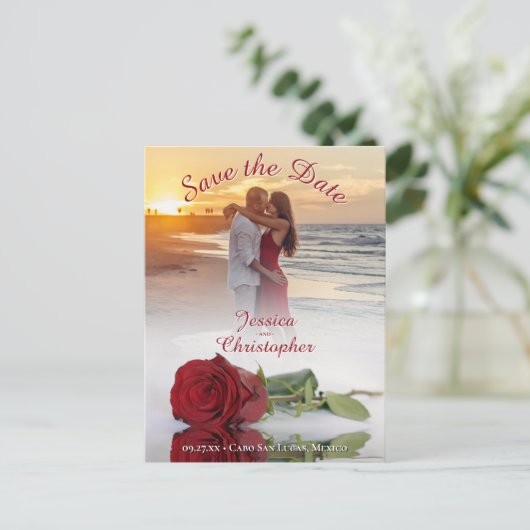 Bruiloft Bewaar de datum Chique Roos Foto Overlay  Aankondigingskaart (Staand voorkant)