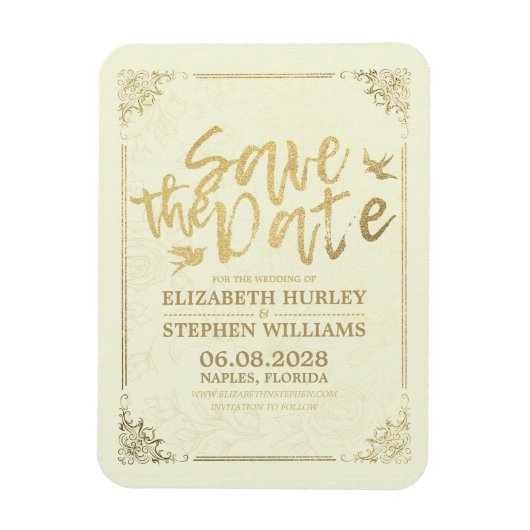 Bruiloft Bewaar de datum Gouden Script Bloemen Lij Magneet (Verticaal)