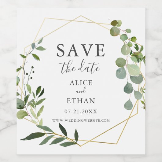 Bruiloft Bewaar de datum Groen Eucalyptus Wijn Etiket (Enkel label)
