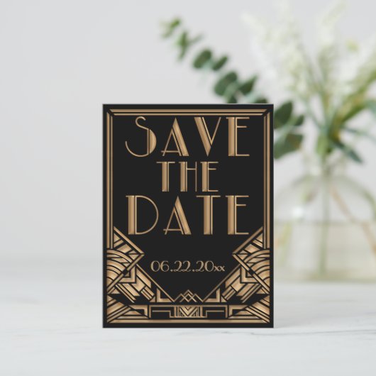 Bruiloft Bewaar de datum in een Art Deco Gatsby st Aankondigingskaart (Staand voorkant)