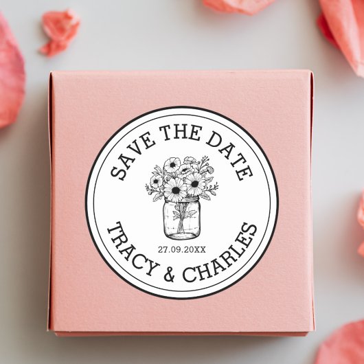 Bruiloft Bewaar de datum Mason Jar Flowers Custom Ronde Sticker