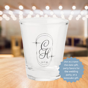 Bruiloft Bewaar de datum Monogram Boho Script Zwar Shot Glas