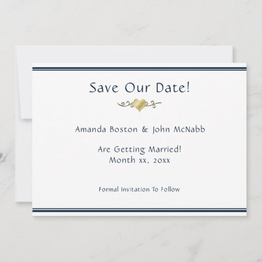 Bruiloft Bewaar de datum Navy Gold Verloving Kaart (Achterkant)