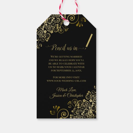 Bruiloft Bewaar de datum Potlood Ons In Goud Op Zw Cadeaulabel (Achterkant)