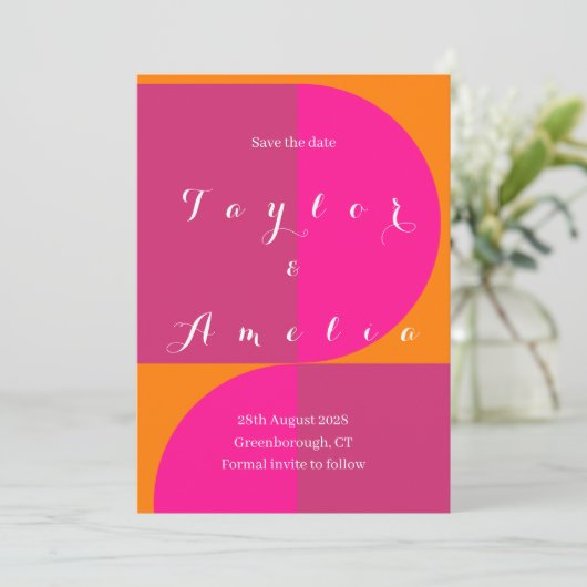 Bruiloft Bewaar de datum Retro Abstract Roze Sinaa Save The Date (Staand voorkant)