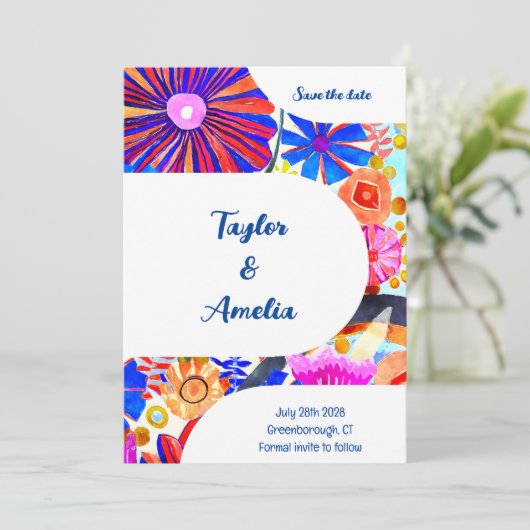 Bruiloft Bewaar de datum Retro Blue Sinaasappel Kaart (Staand voorkant)