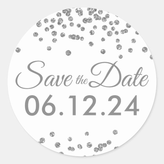 Bruiloft Bewaar de datum Silver Glitter Confetti Ronde Sticker (Voorkant)