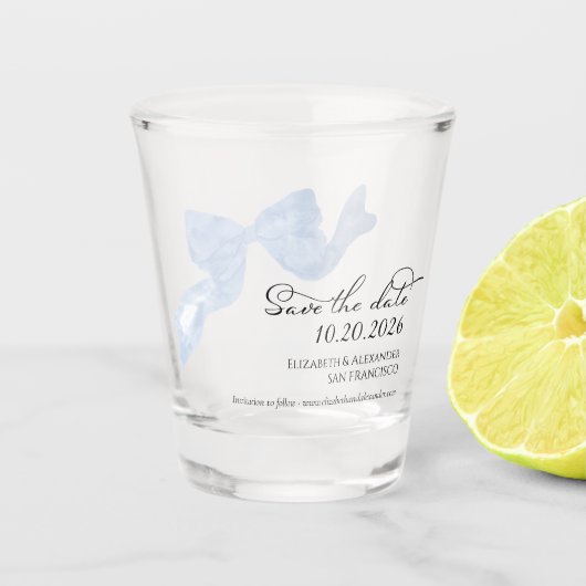Bruiloft Bewaar de Datum Uitnodiging | Blauwe boog Shot Glas (Voorkant)