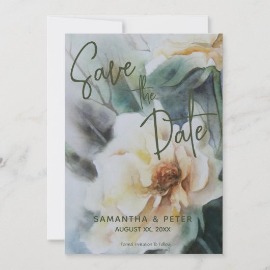 Bruiloft Bewaar de datum Waterverf Rozen Sage Groe Kaart (Voorkant)