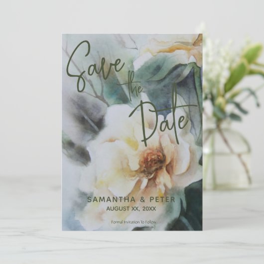 Bruiloft Bewaar de datum Waterverf Rozen Sage Groe Kaart (Staand voorkant)