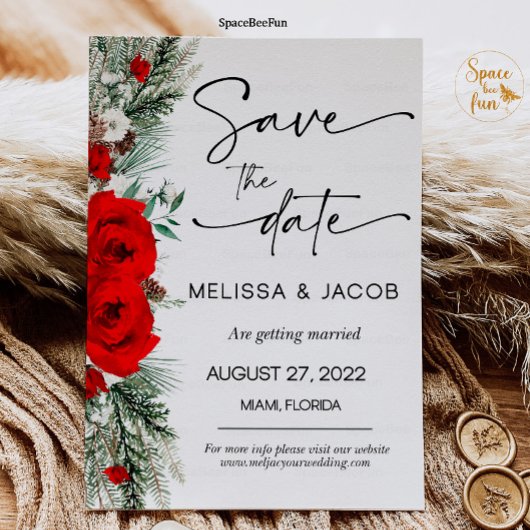 Bruiloft Bewaar de datum Winter Red Rose  Kaart
