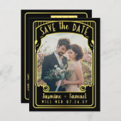 Bruiloft Bewaar de datum  Zwart Art Deco Foto Aankondigingskaart (Voorkant / Achterkant)