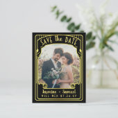 Bruiloft Bewaar de datum  Zwart Art Deco Foto Aankondigingskaart (Staand voorkant)