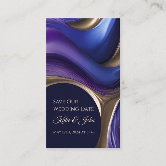 Bruiloft Bewaar onze Datum- Modern Blauw Paarse Go Visitekaartje (Voorkant)