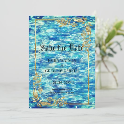 Bruiloft bij het zwembad, golden lijst save the date (Staand voorkant)