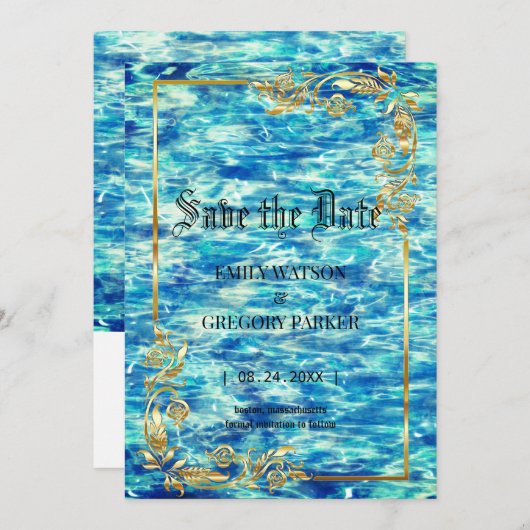 Bruiloft bij het zwembad, golden lijst save the date (Voorkant / Achterkant)